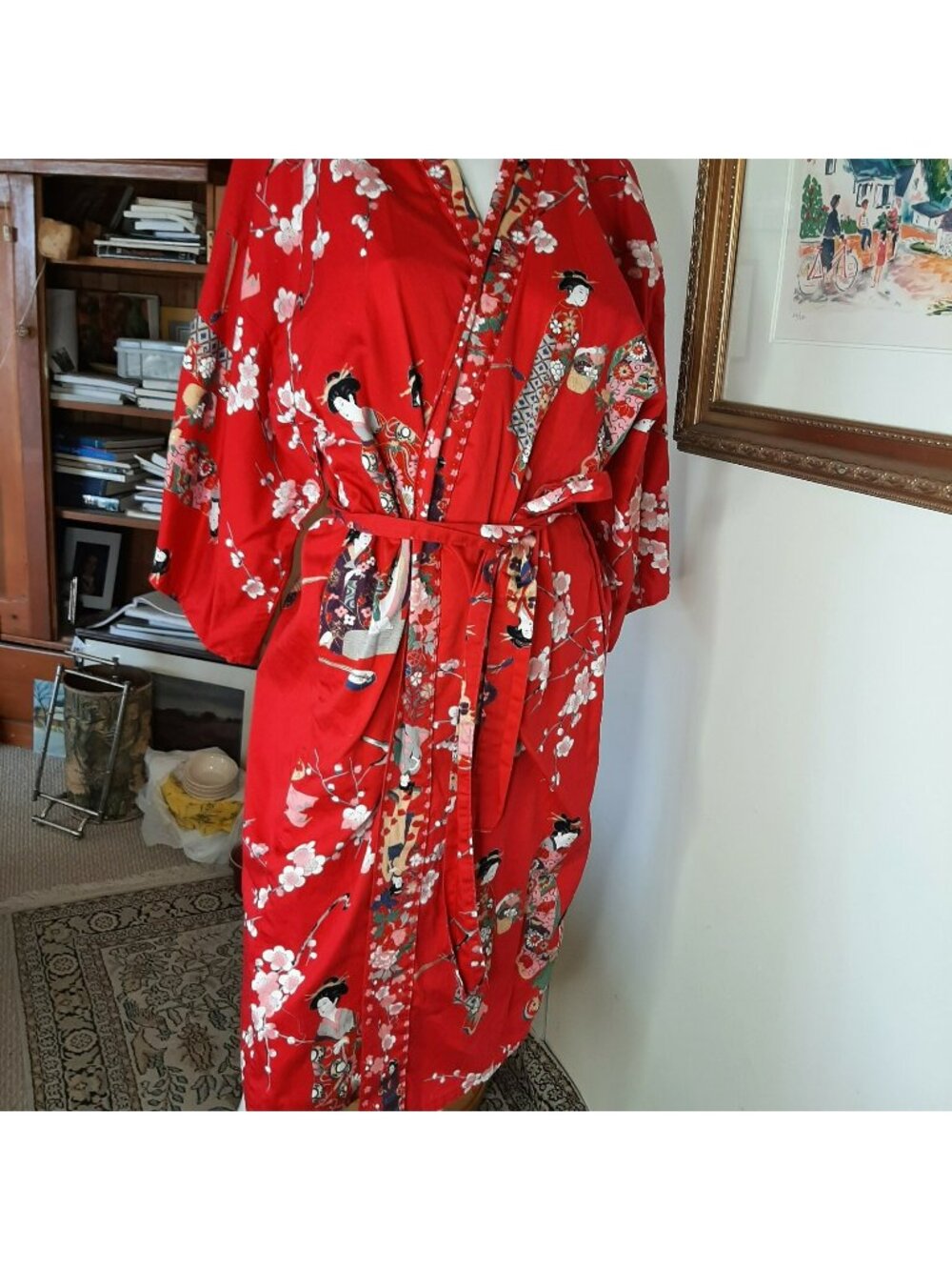 SAKURAI SHOJI WOMENS Red 100% COTTON FLORAL & GEISHA PRINT KYOTO KIMONO Med